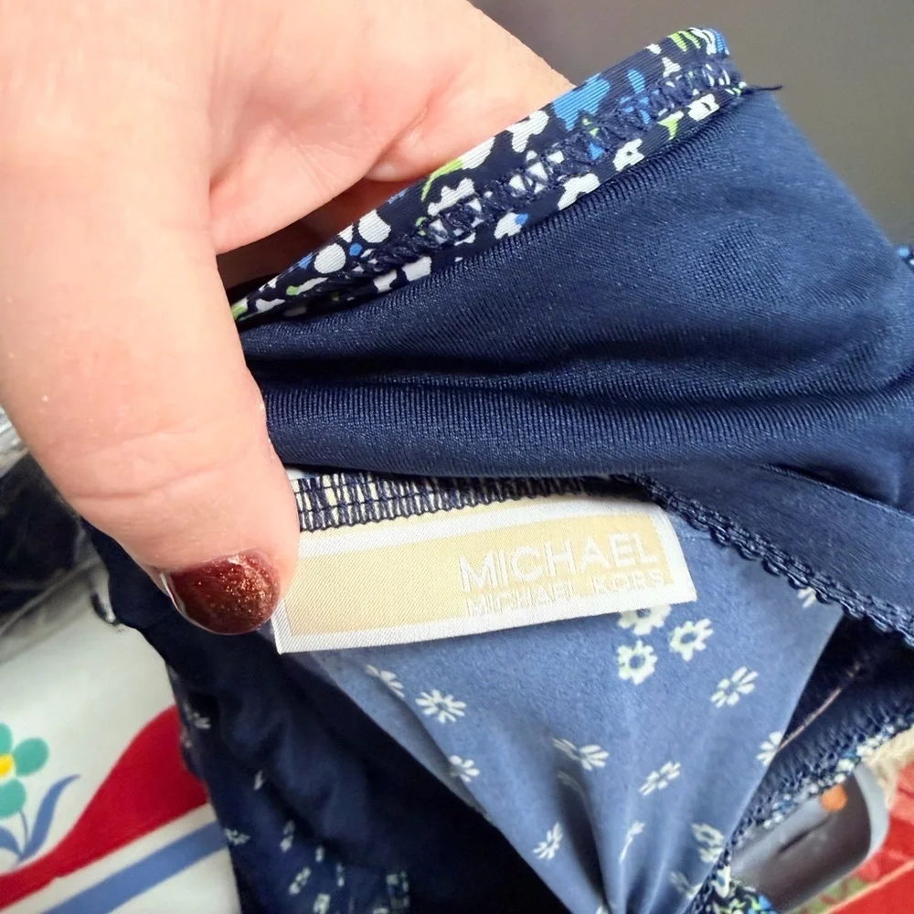 Michael Kors Navy Floral Ruffle Swim Top